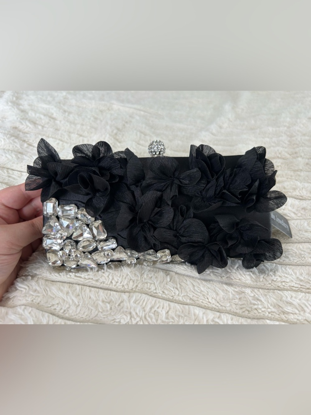 Black Floral Crystal-Embellished Evening Clutch